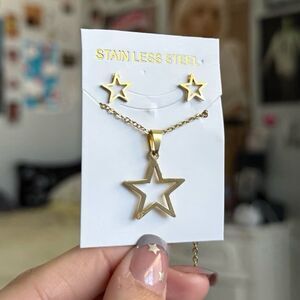 Stainless Steel Gold Star Necklace And Earrings Set